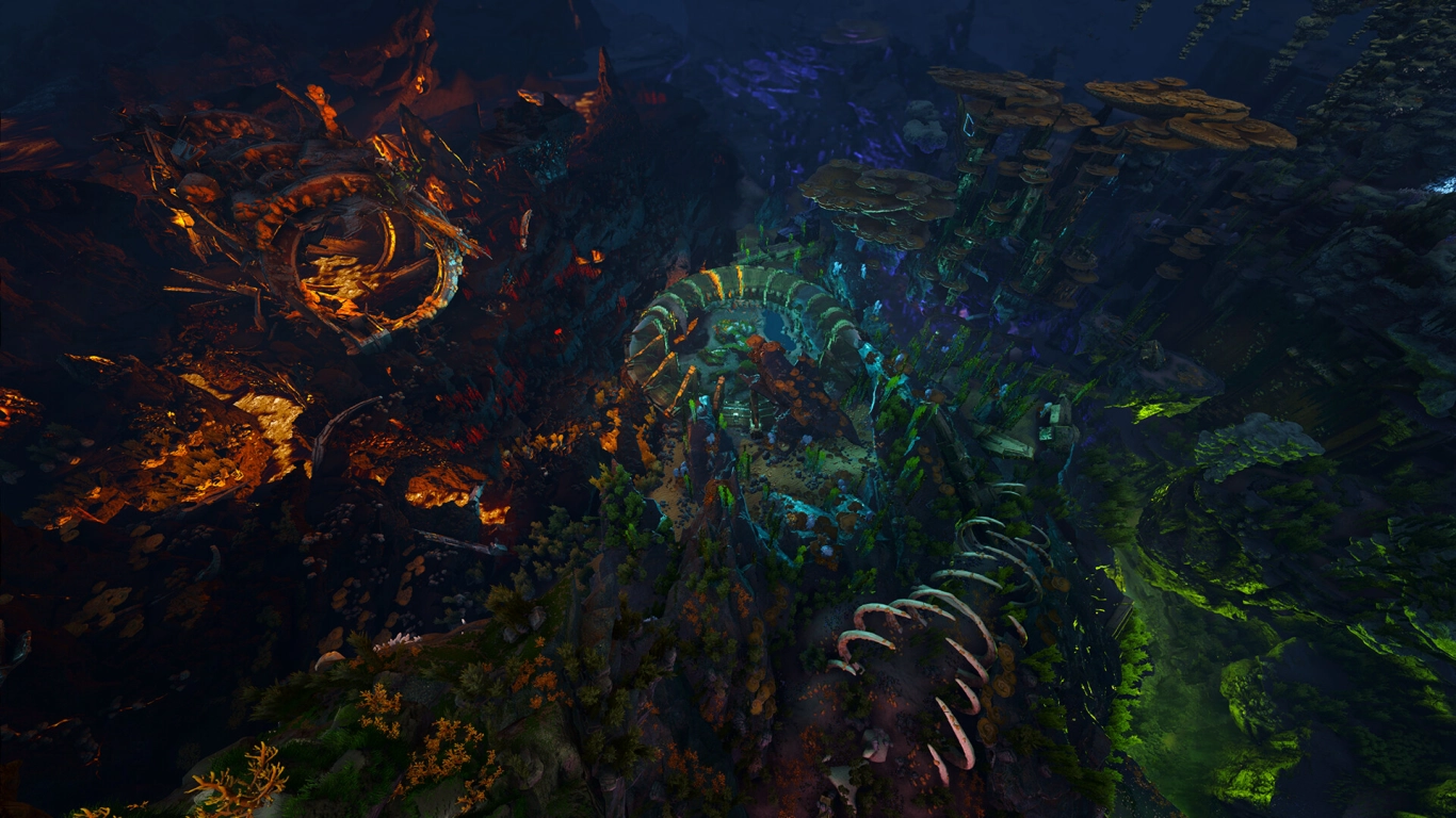 Abyssal City en ARK: Aquatica: ciudad submarina sumergida con ruinas luminosas