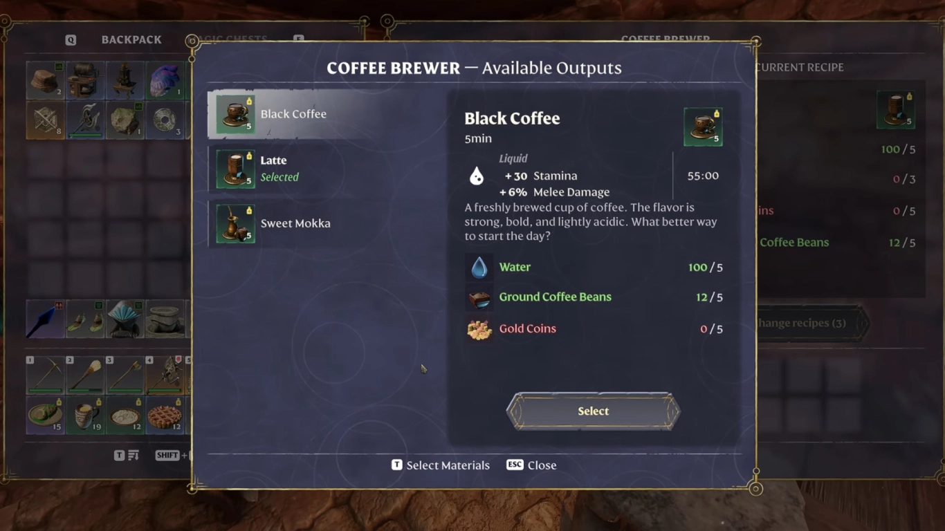 Brewing coffee in Enshrouded Wake of the Water with recipes and mill