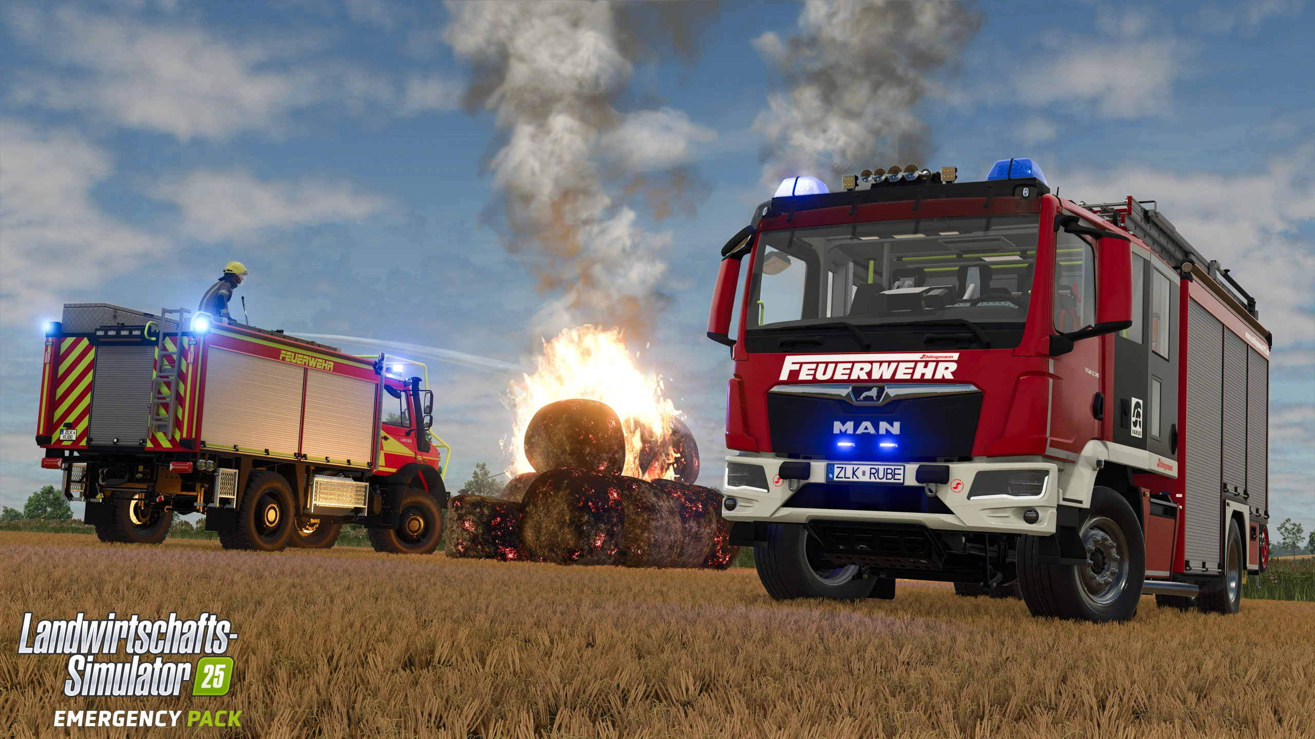 Multiplayer operation with a firefighting team in the Farming Simulator 25 Emergency Pack