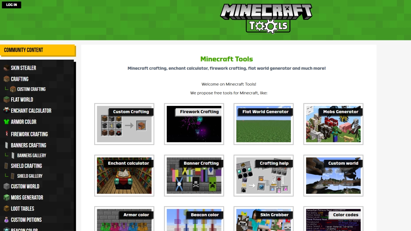 Captura de pantalla del sitio web de Minecraft Tools