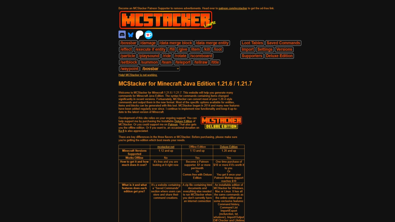 Captura de pantalla del sitio web de MCStacker