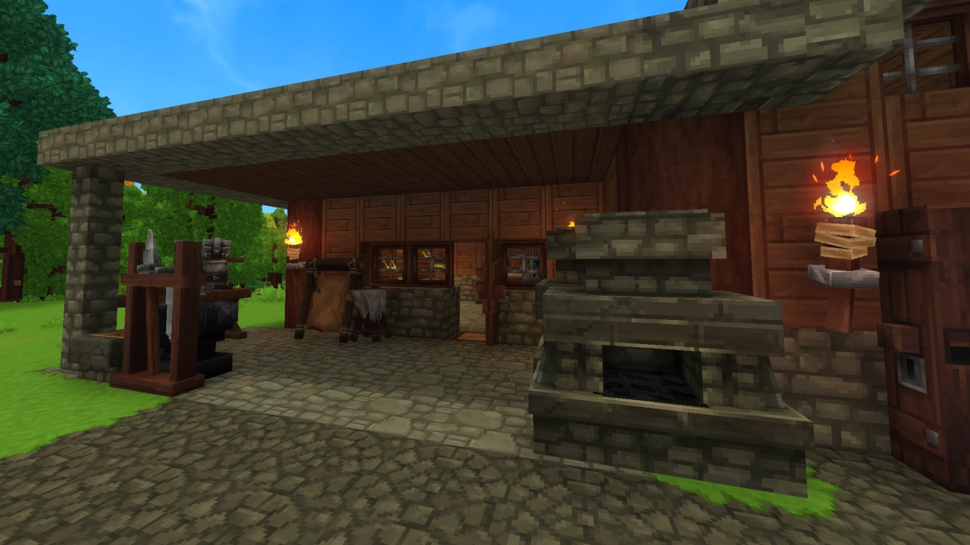 Hytale outdoor smithy area with furnaces and workbenches
