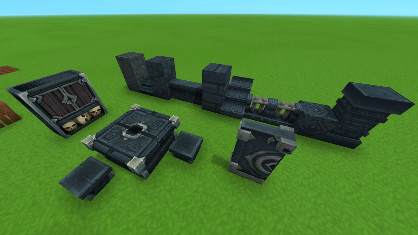 Hytale Shale: dark blue stone with roofs, fences, and furniture