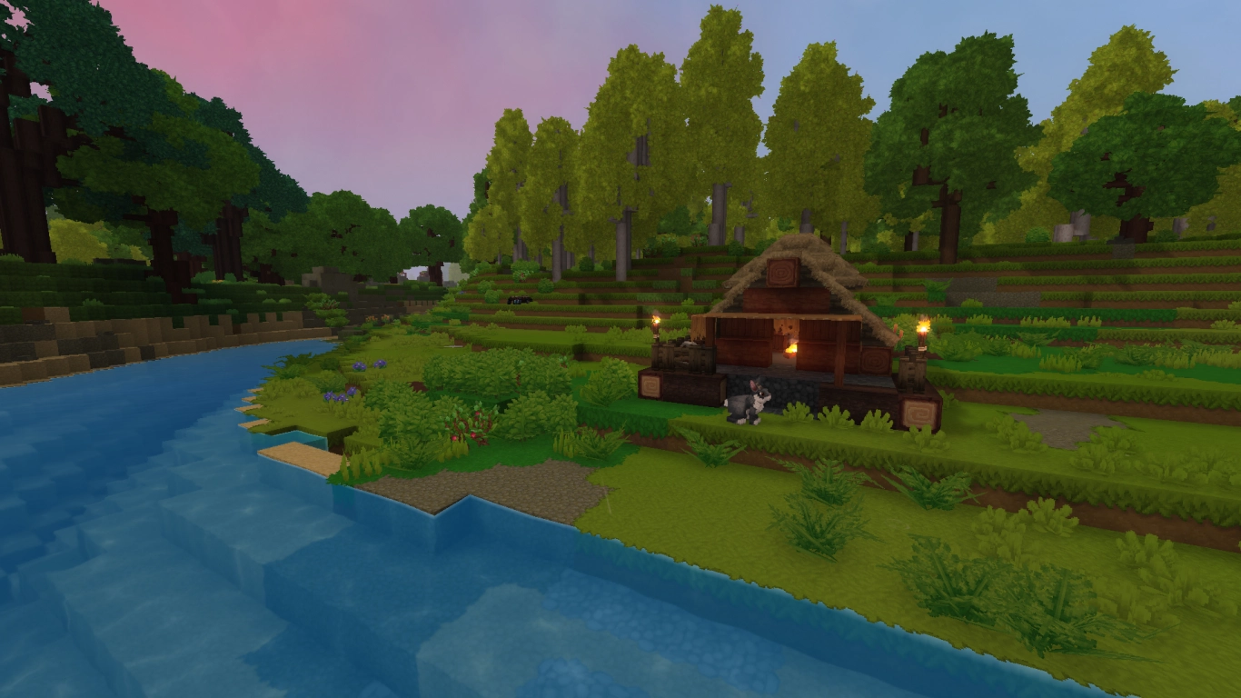 Hytale bosque de abedules, base fluvial con campos y trampas de pesca