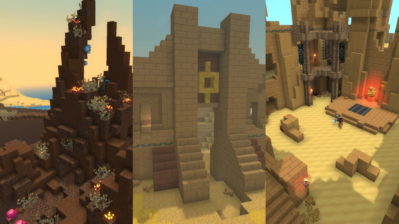 Hytale Zone 2 desert: labyrinth, temple ruins, and Scarak nests