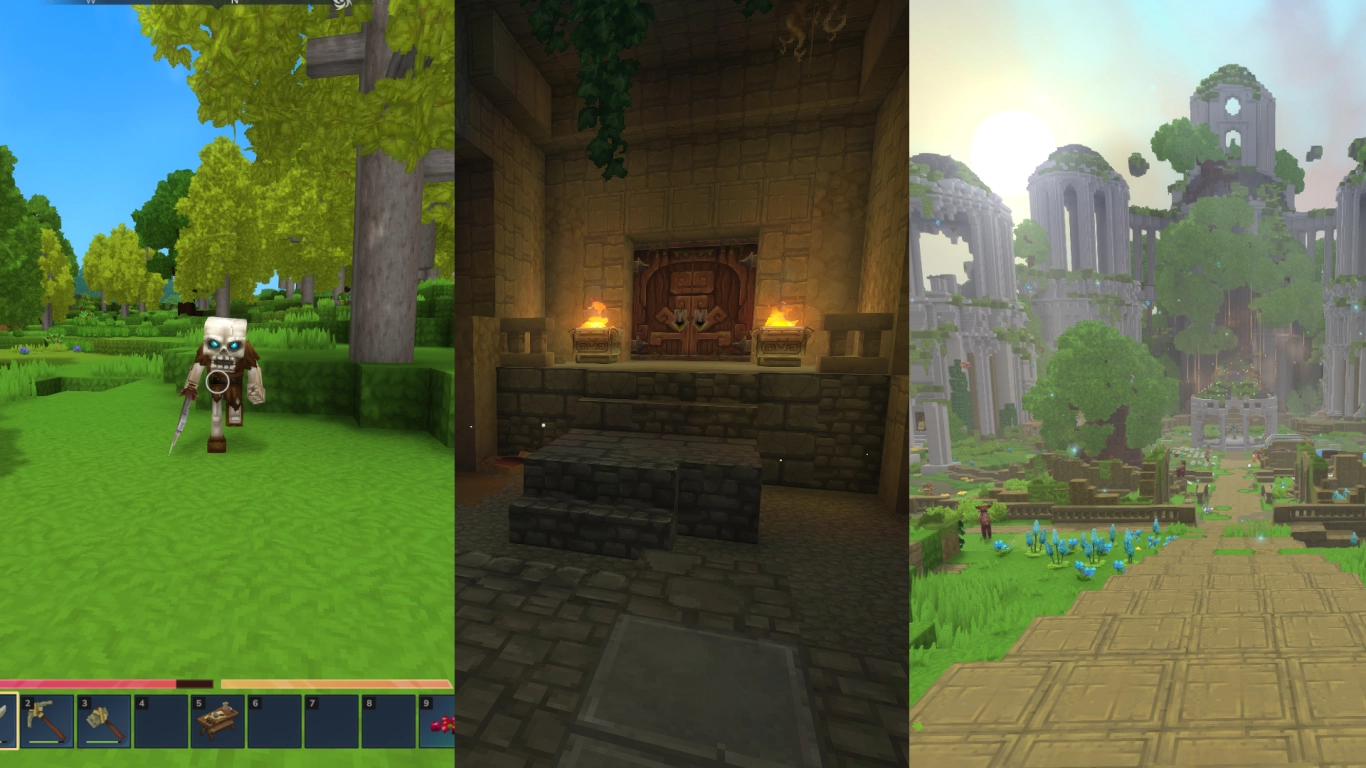 Hytale starting area with a small temple and gathering your first resources