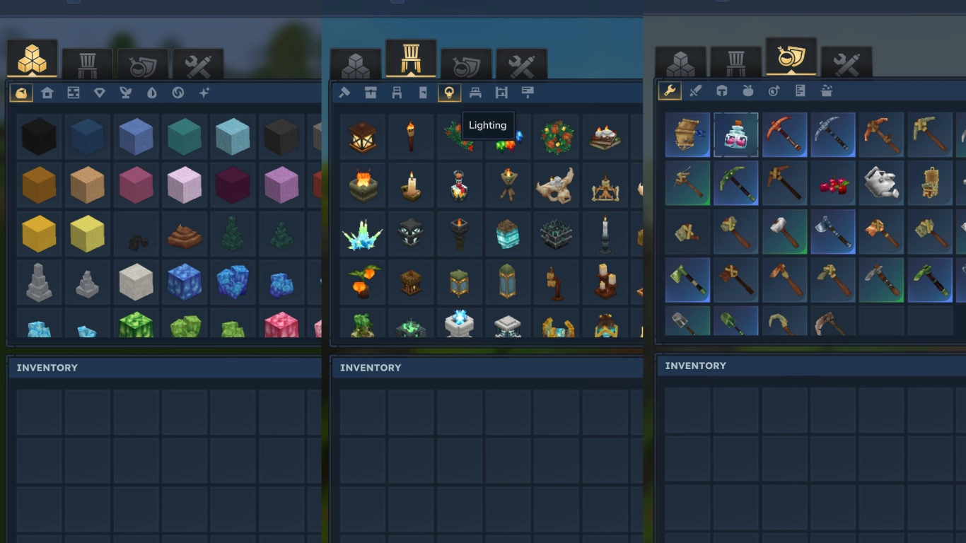 Hytale inventory: blocks, decorations, and equipment in Creative Mode