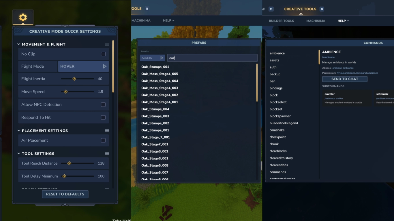 Hytale quick settings, spawns, and chat commands in Creative Mode