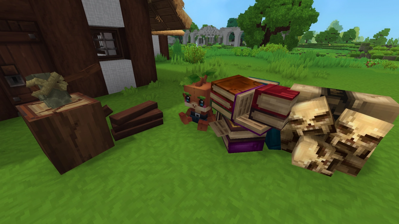 Hytale decorations like stacks of books, bones, and a Kweebec plushie
