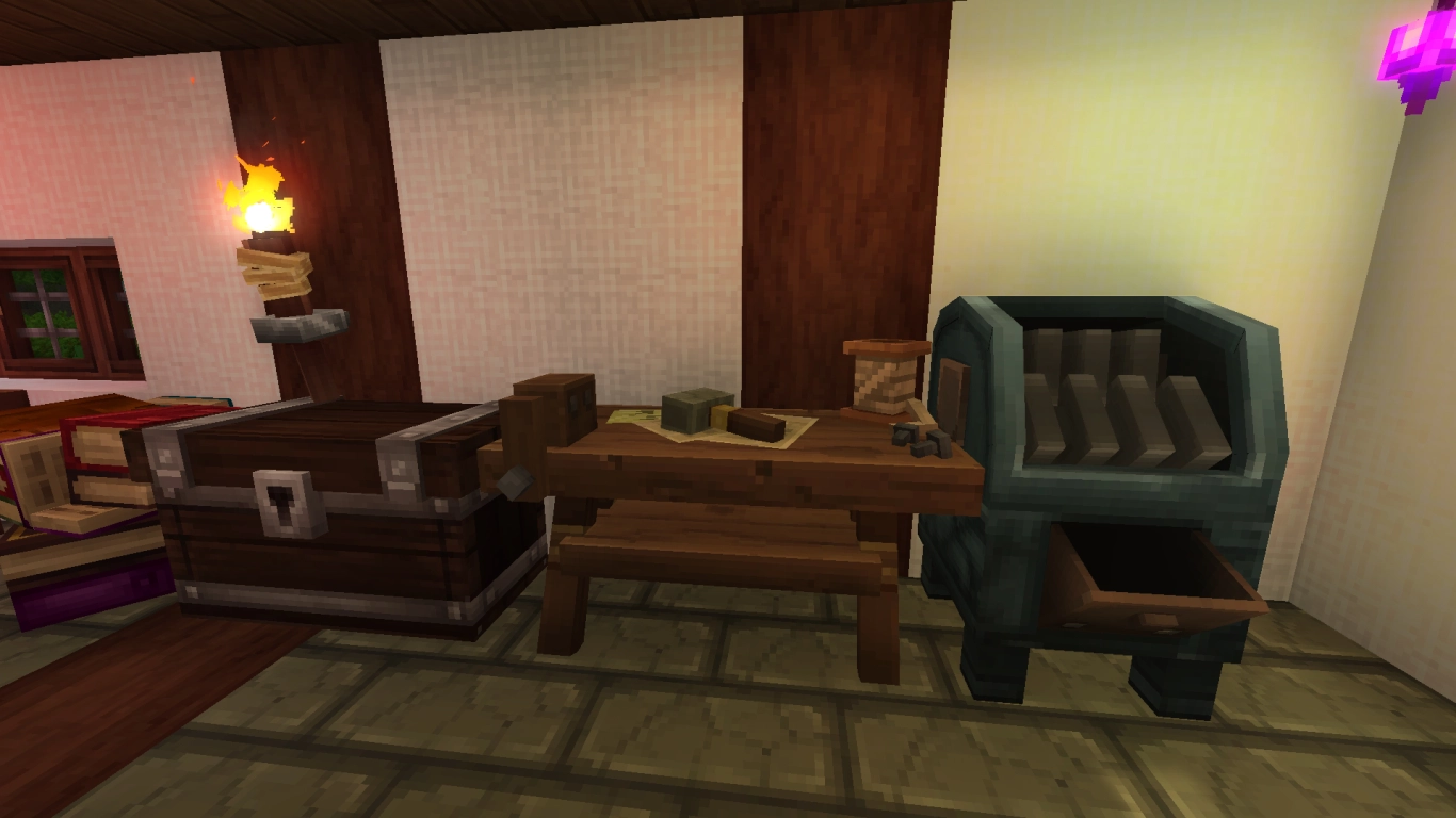Hytale Workbench in a home with basic tools and backpacks