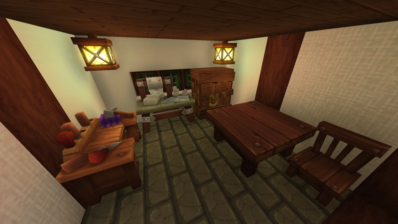 Hytale carpenter’s shop with Builder's Workbench and Furniture Workbench for furniture and decorations