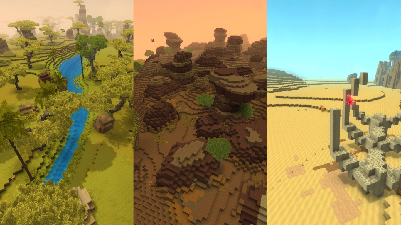 Hytale Howling Sands Golden Steppes sabana con ríos y palmeras