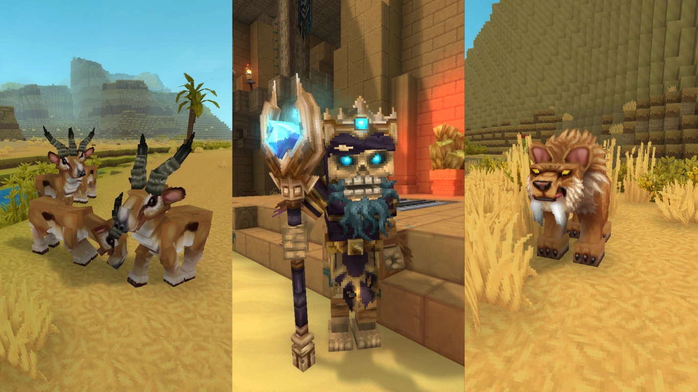 Hytale Zona 2 fauna del desierto camellos antílopes Skaraks y Feran
