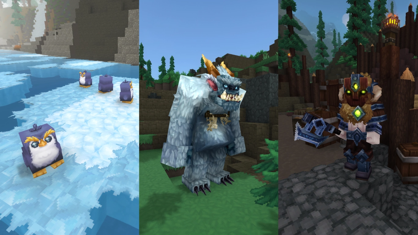 Hytale Zona 3 animales como osos polares pingüinos y yetis en las Whisperfrost Frontiers