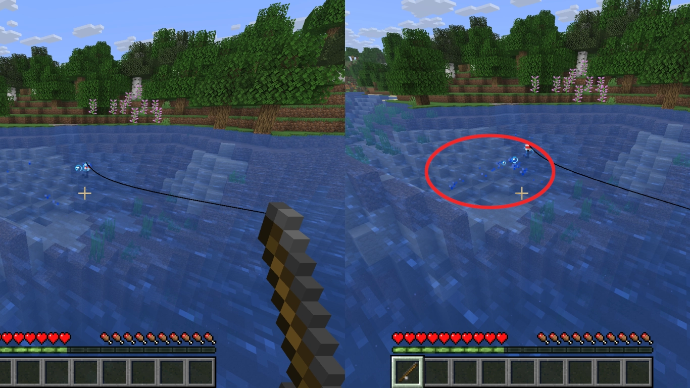 Fundamentos de la pesca en Minecraft: caña y flotador en el agua
