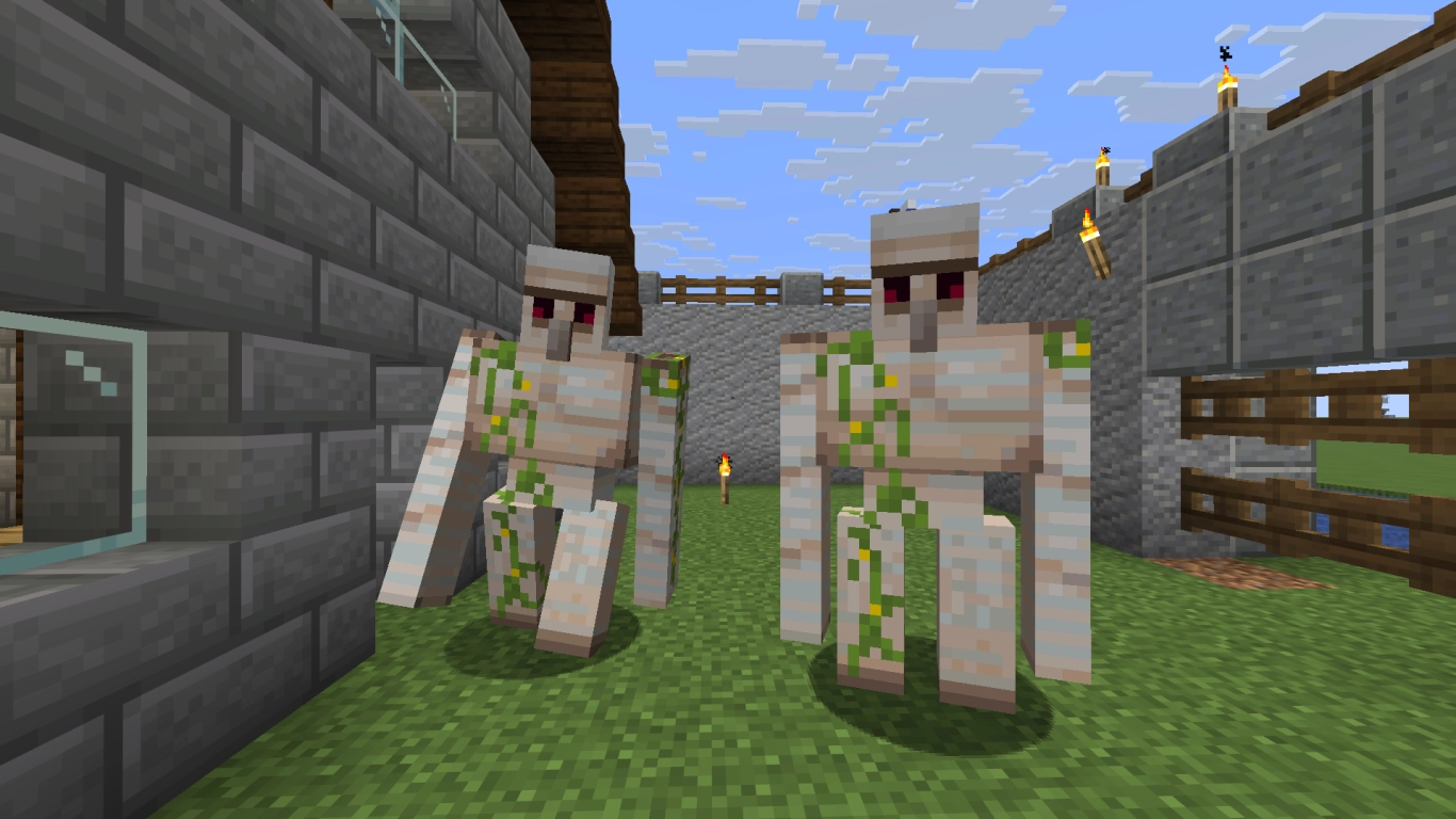 Iron Golem protecting a Minecraft base from monsters