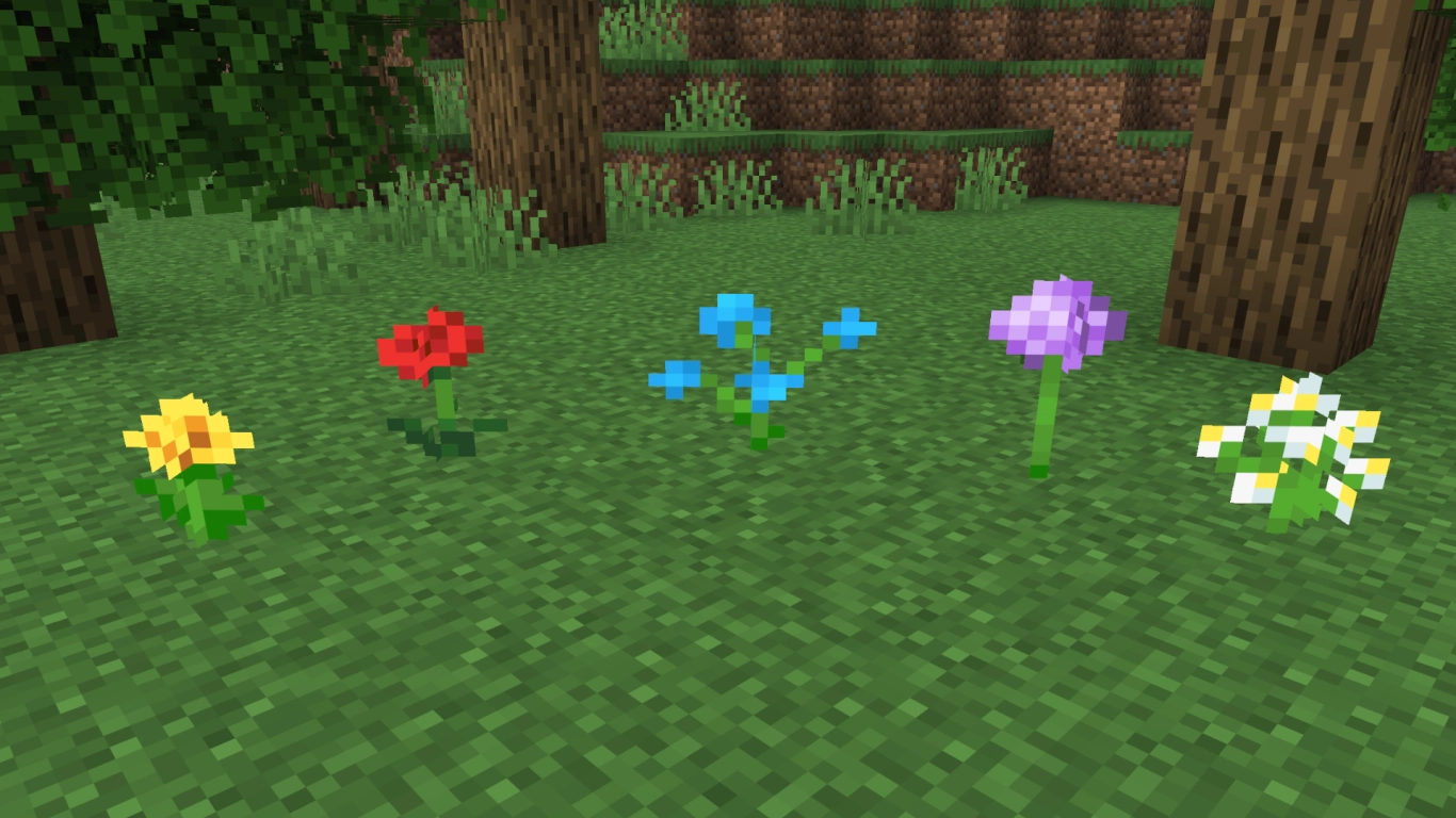 Minecraft small flowers overview with Dandelion, Poppy, and Blue Orchid