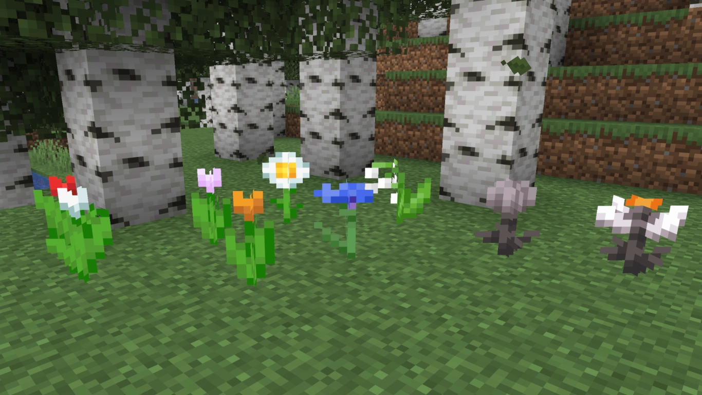 Minecraft flowers Azure Bluet, Tulips, Oxeye Daisy, Cornflower, and Lily of the Valley overview