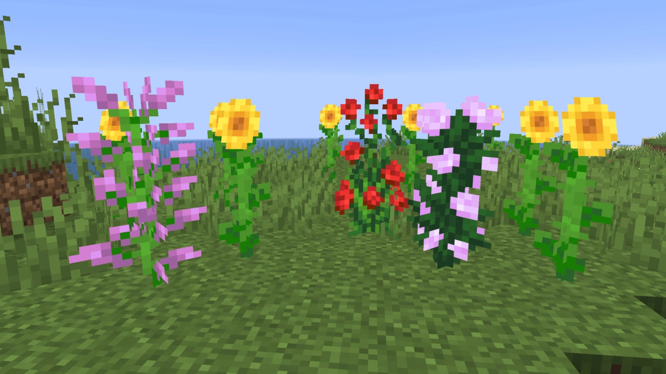 Minecraft large flowers with Sunflower, Lilac, Rose Bush, and Peony