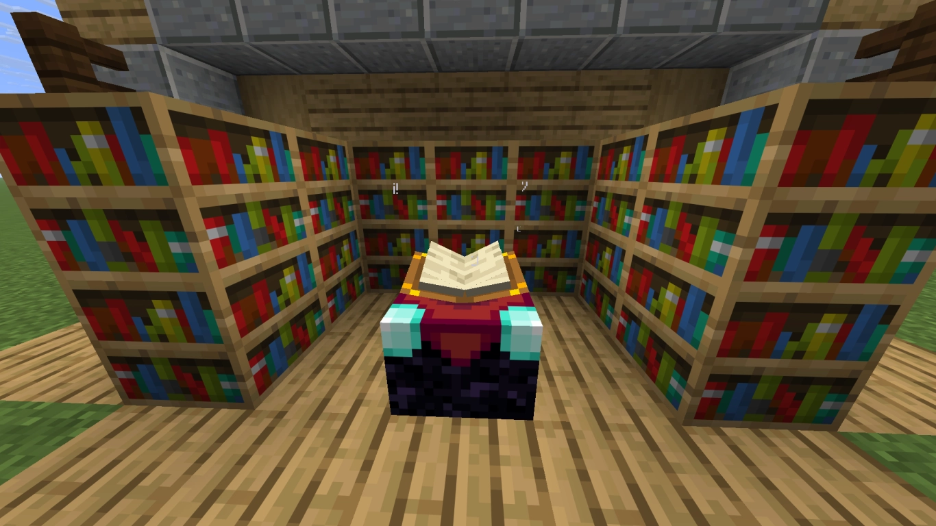 Mesa de encantamientos con estanterías en Minecraft