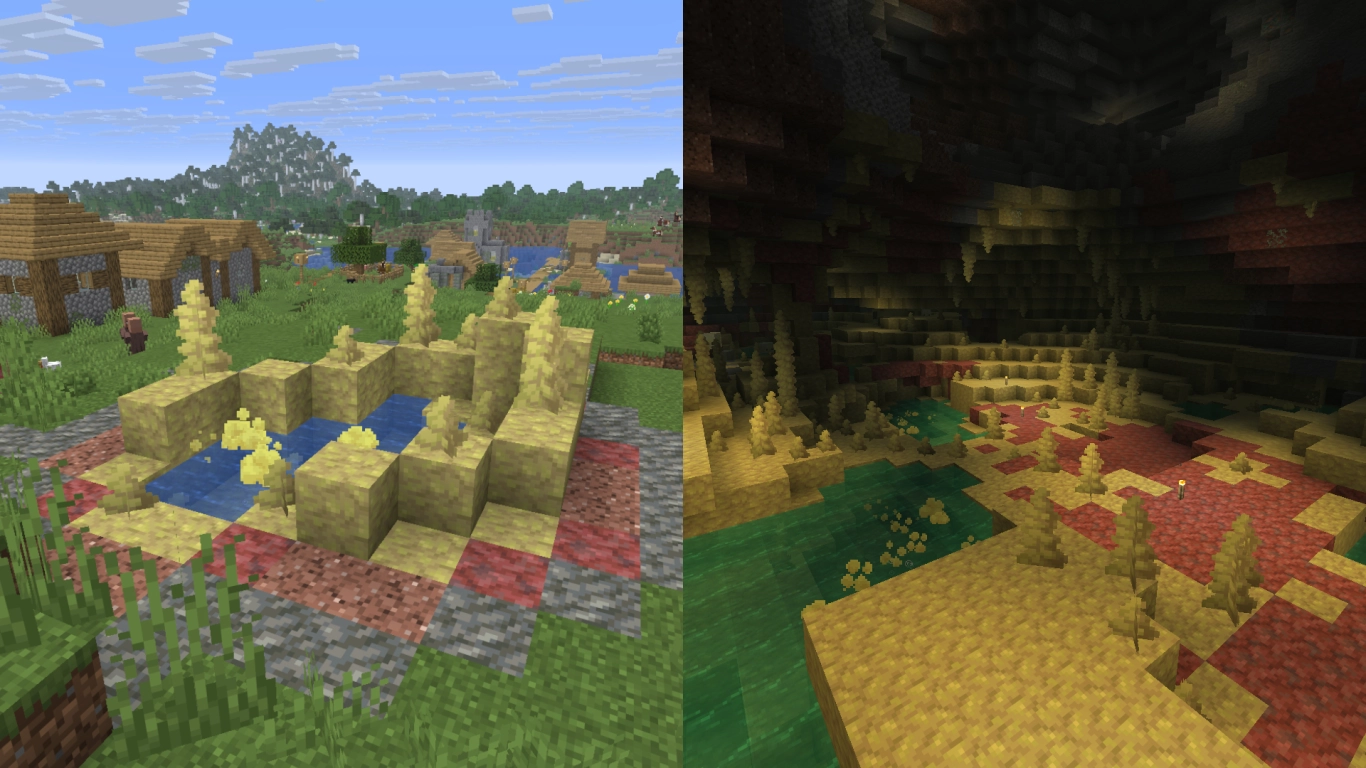 Sulfur Caves biome in Minecraft 26.2 with yellow and red rocks and hot springs
