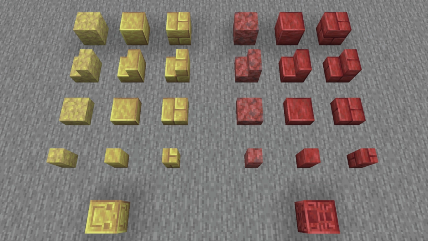 New building blocks made of sulfur and cinnabar in red and yellow