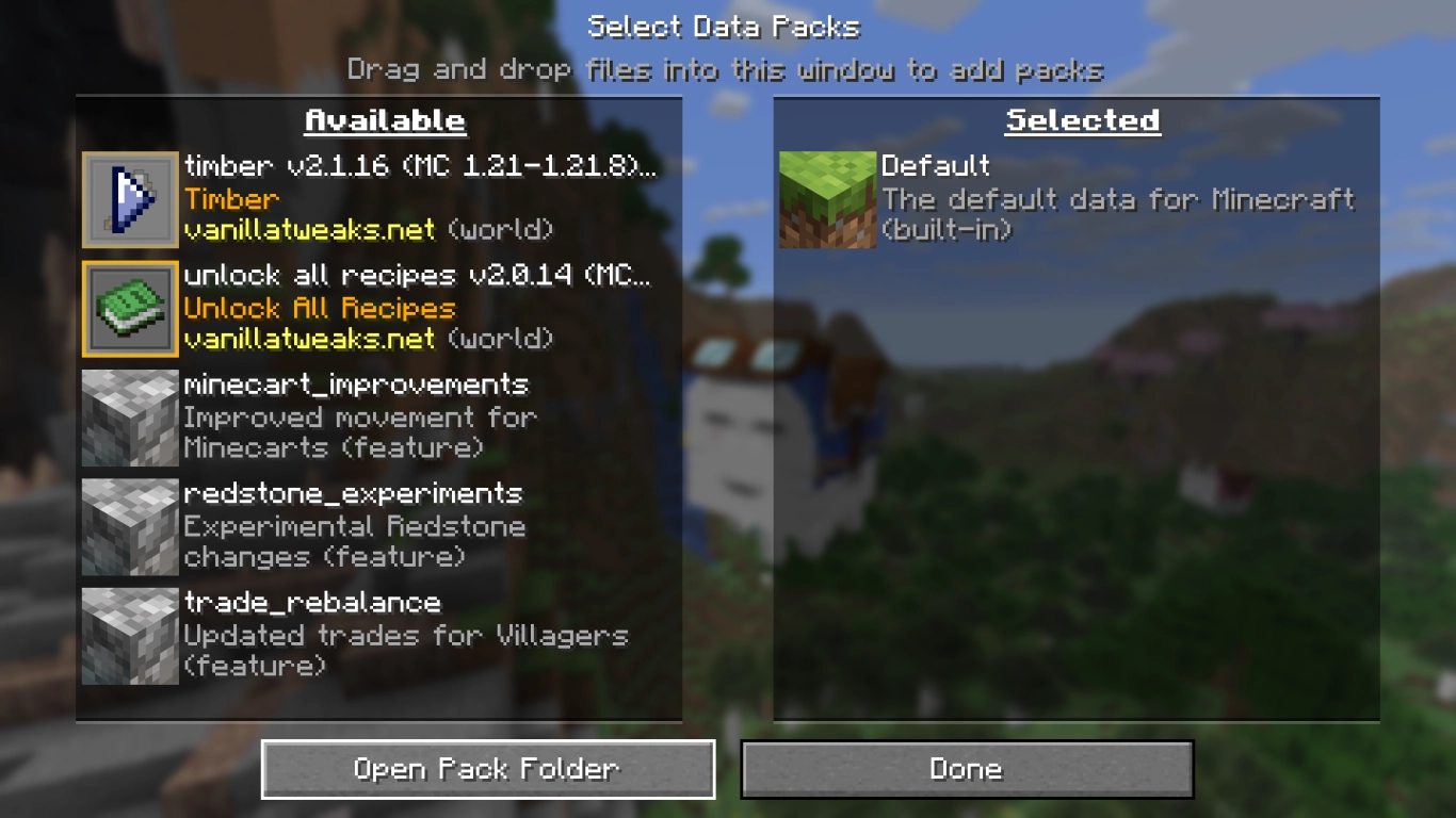 Minecraft data packs menu during world creation