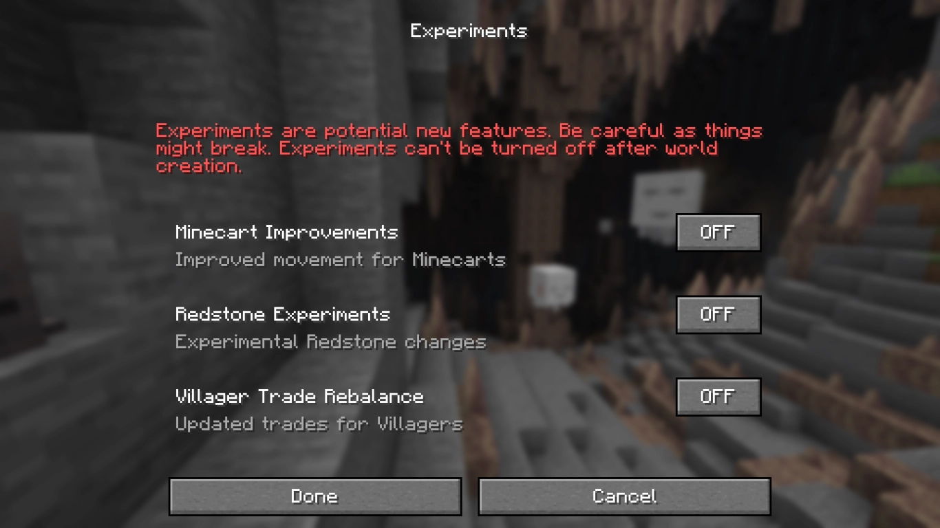 Minecraft Experiments and official data packs in the menu