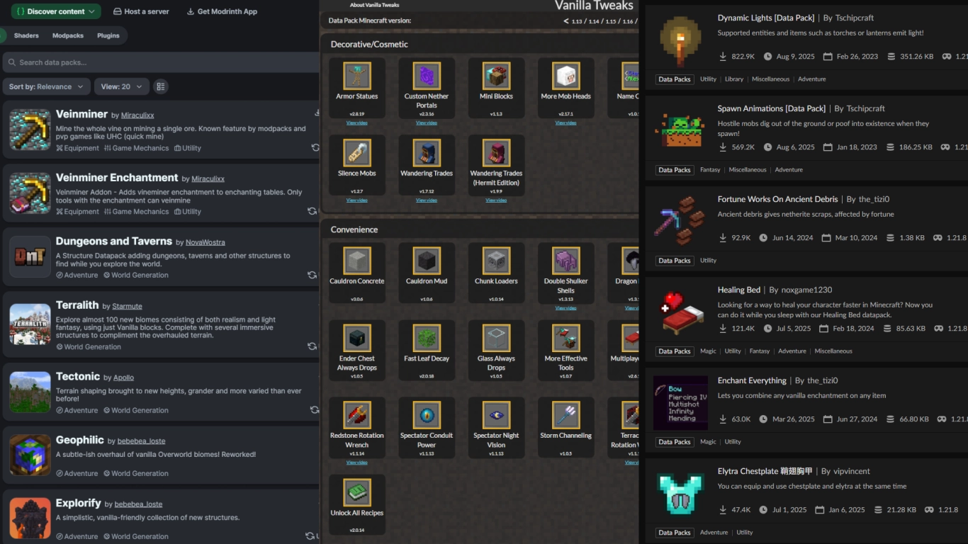 Community data pack examples and gameplay upgrades in Minecraft