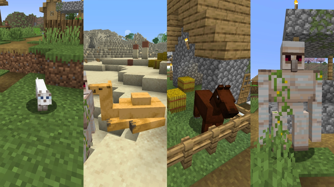 Cats, horses, livestock, and iron golems in a Minecraft village