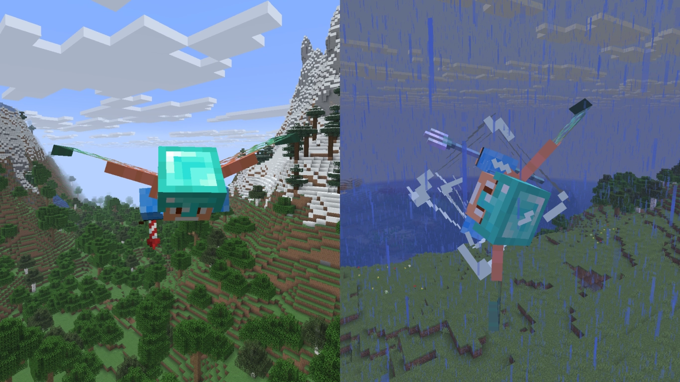 Elytra boost using Firework Rockets and a Trident with Riptide in the rain in Minecraft