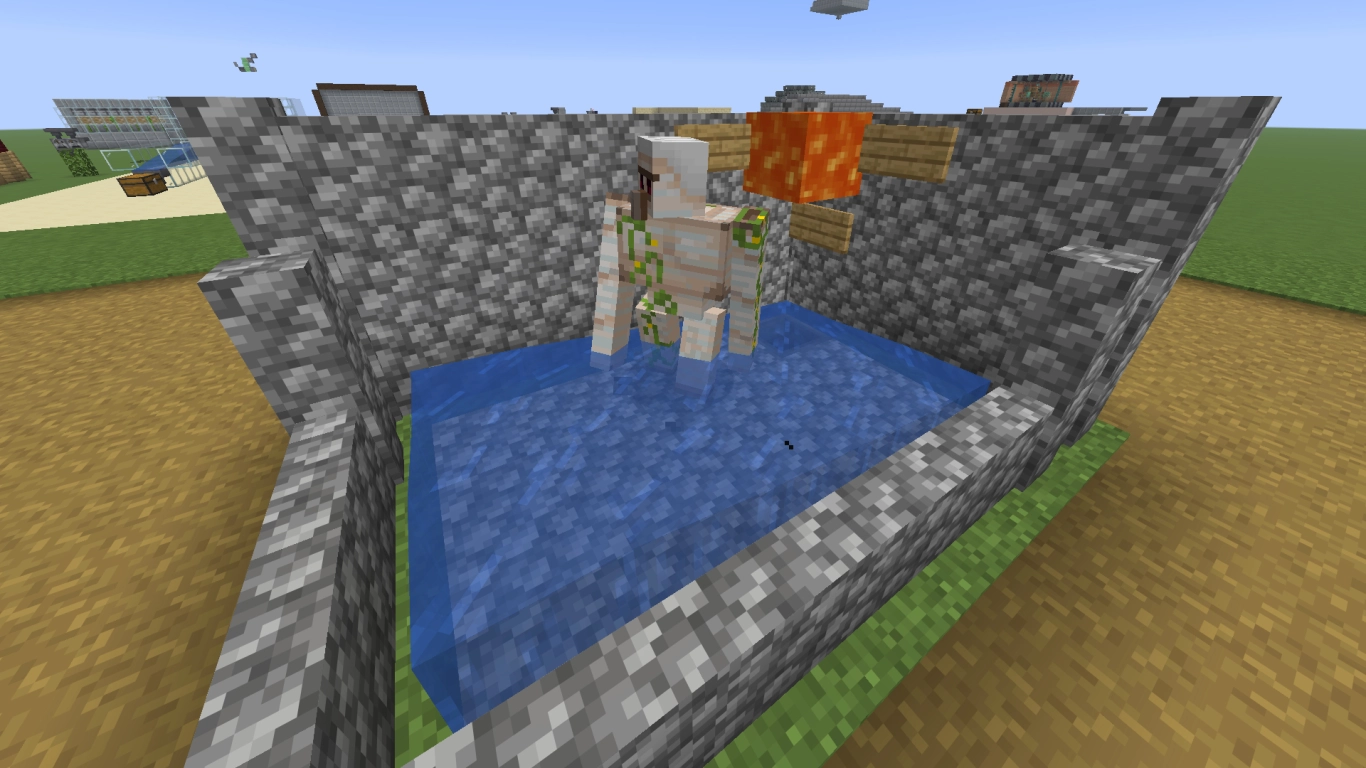 Automatic Minecraft iron farm with iron golems and a lava kill chamber for iron ingots