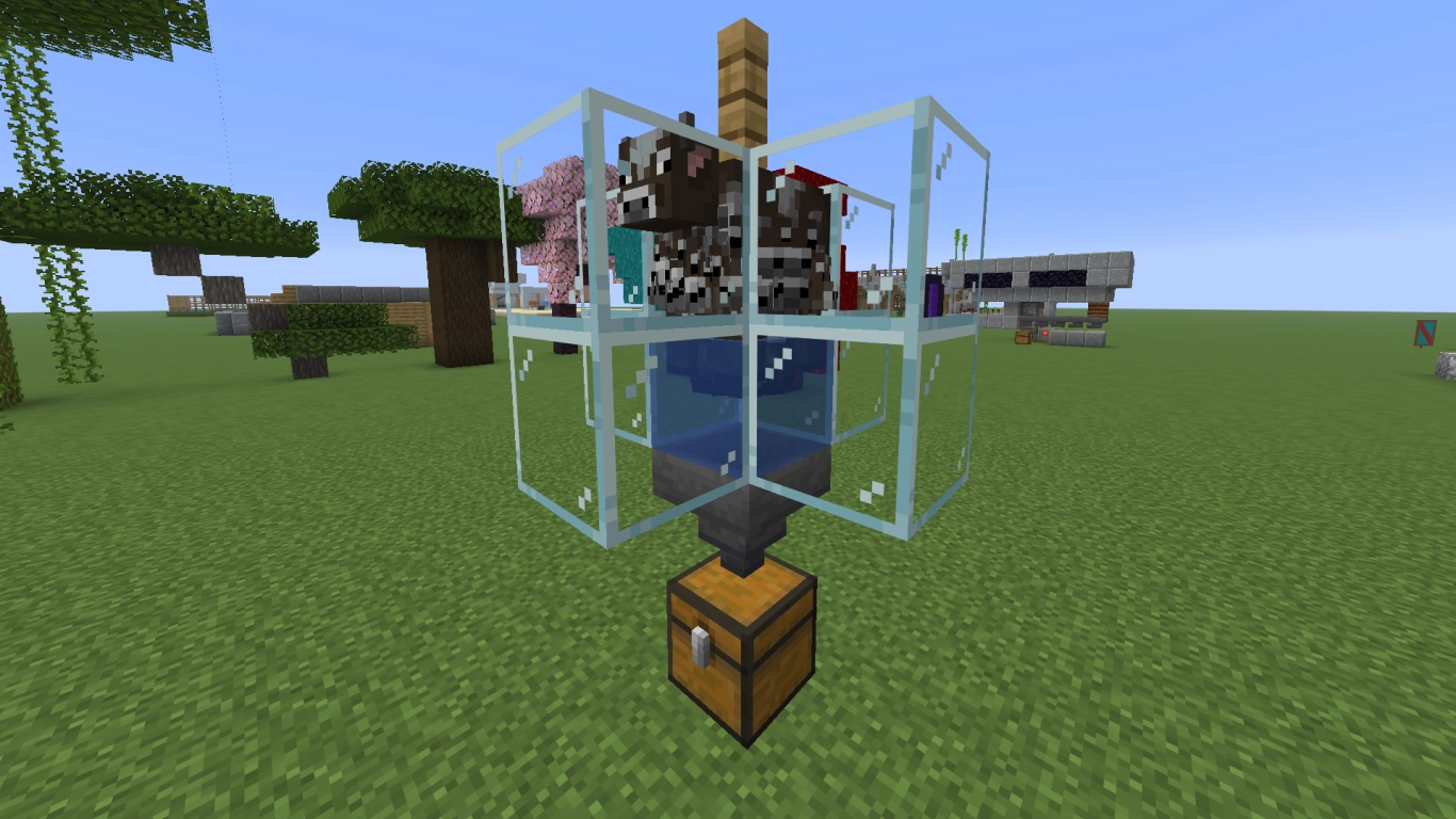 Compact Minecraft cow farm for leather and steak with a lava cooker