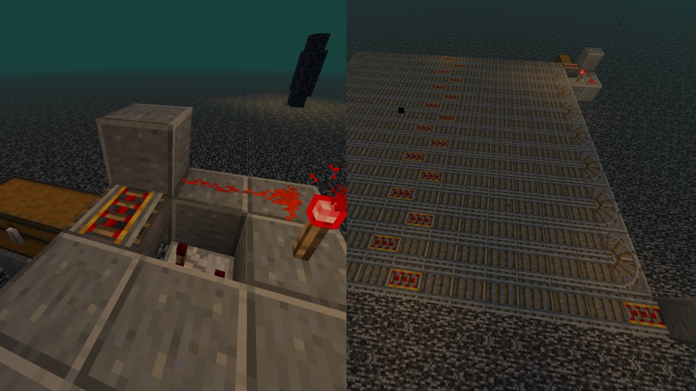 Sistema de raíles con vagoneta con tolva y redstone para granja automática de ghasts en Minecraft
