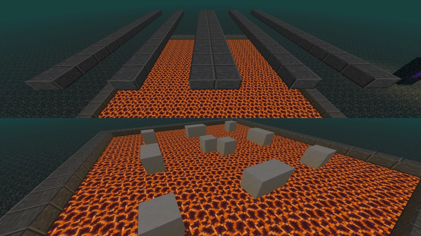 Plataforma de aparición con bloques de magma, losas y nieve en polvo en Minecraft