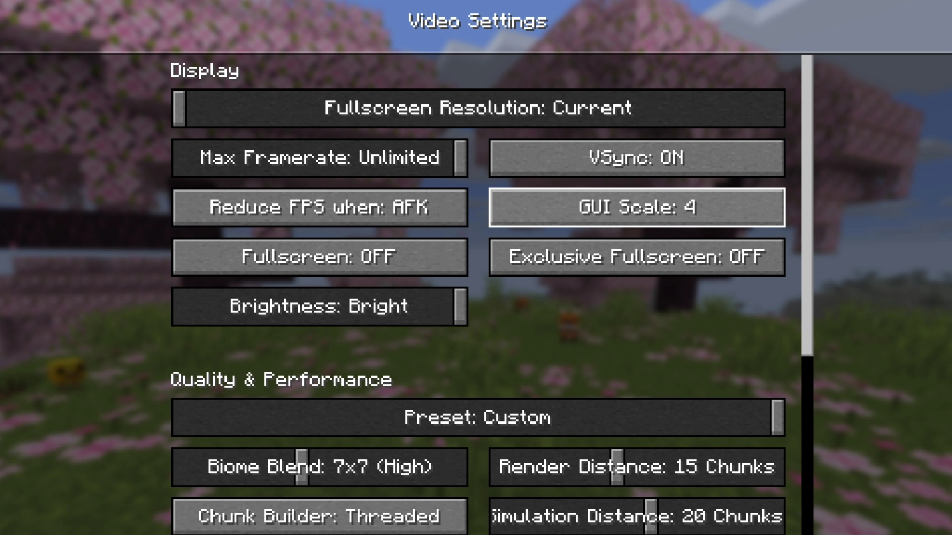Ajustes de pantalla de Minecraft con Pantalla completa, VSync y límite de FPS en el menú de opciones