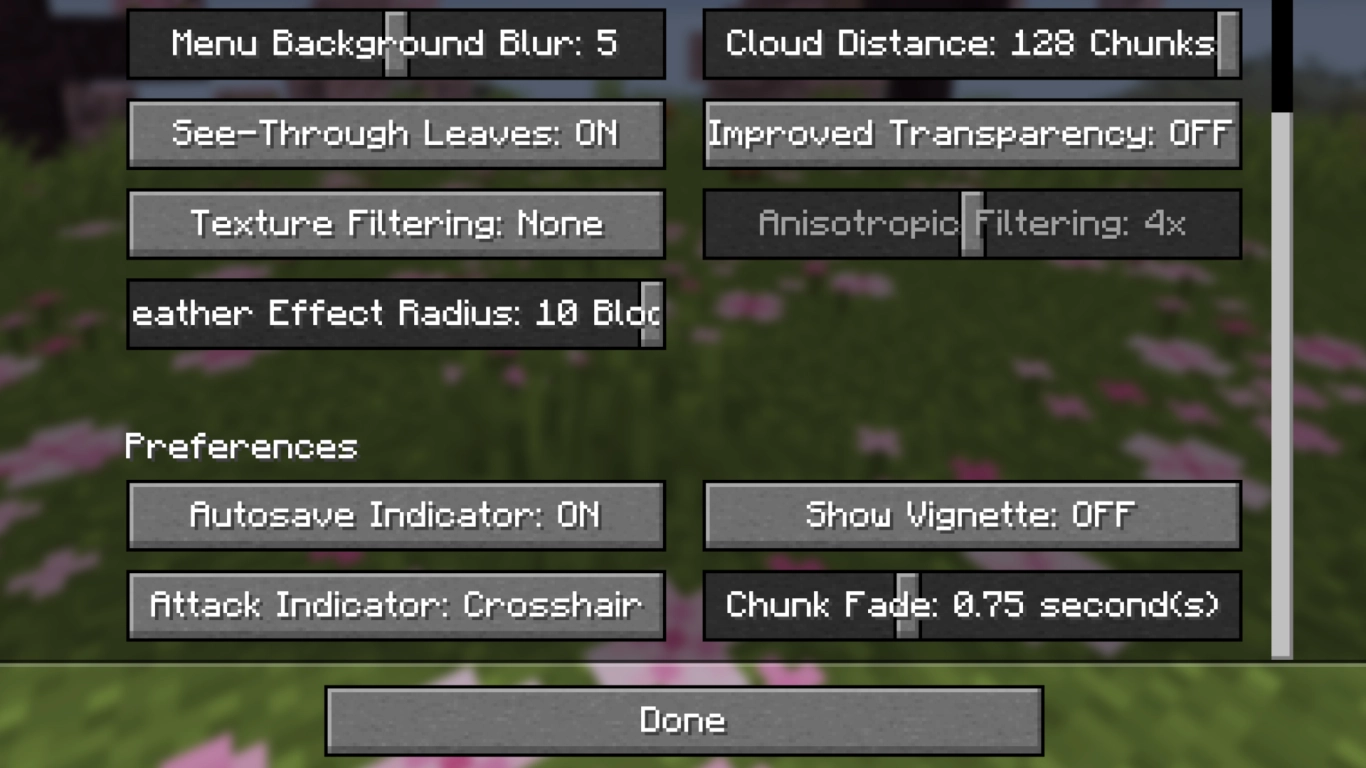 Preferencias de visualización de Minecraft con indicador de ataque y aviso de guardado automático
