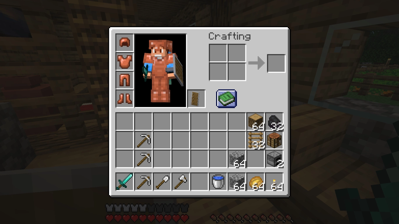 Gear for Minecraft caves: weapons, tools, torches, food, shield, and a water bucket