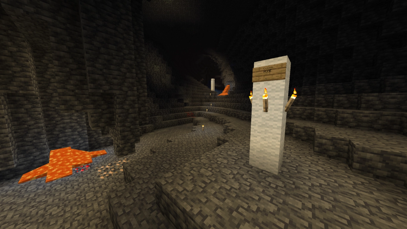 Markers in Minecraft caves using standout blocks and signs for navigation