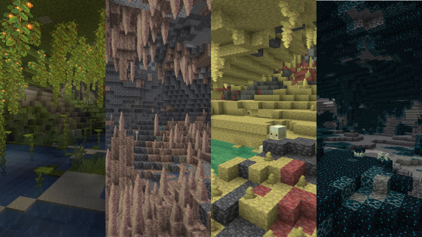 Minecraft cave biomes: Lush Cave, Dripstone Cave, and Deep Dark with their unique traits
