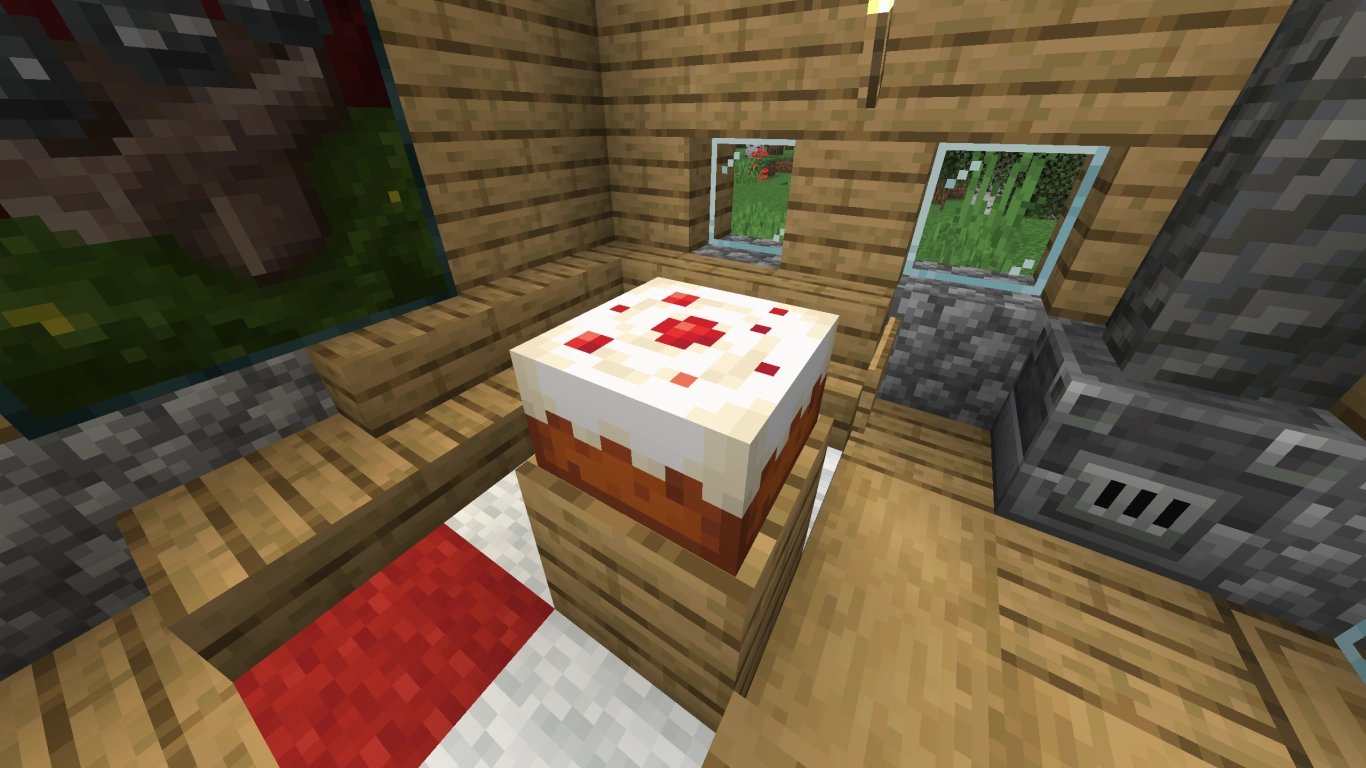 Alimentos dulces en Minecraft: tarta, pastel de calabaza y galletas sobre una mesa