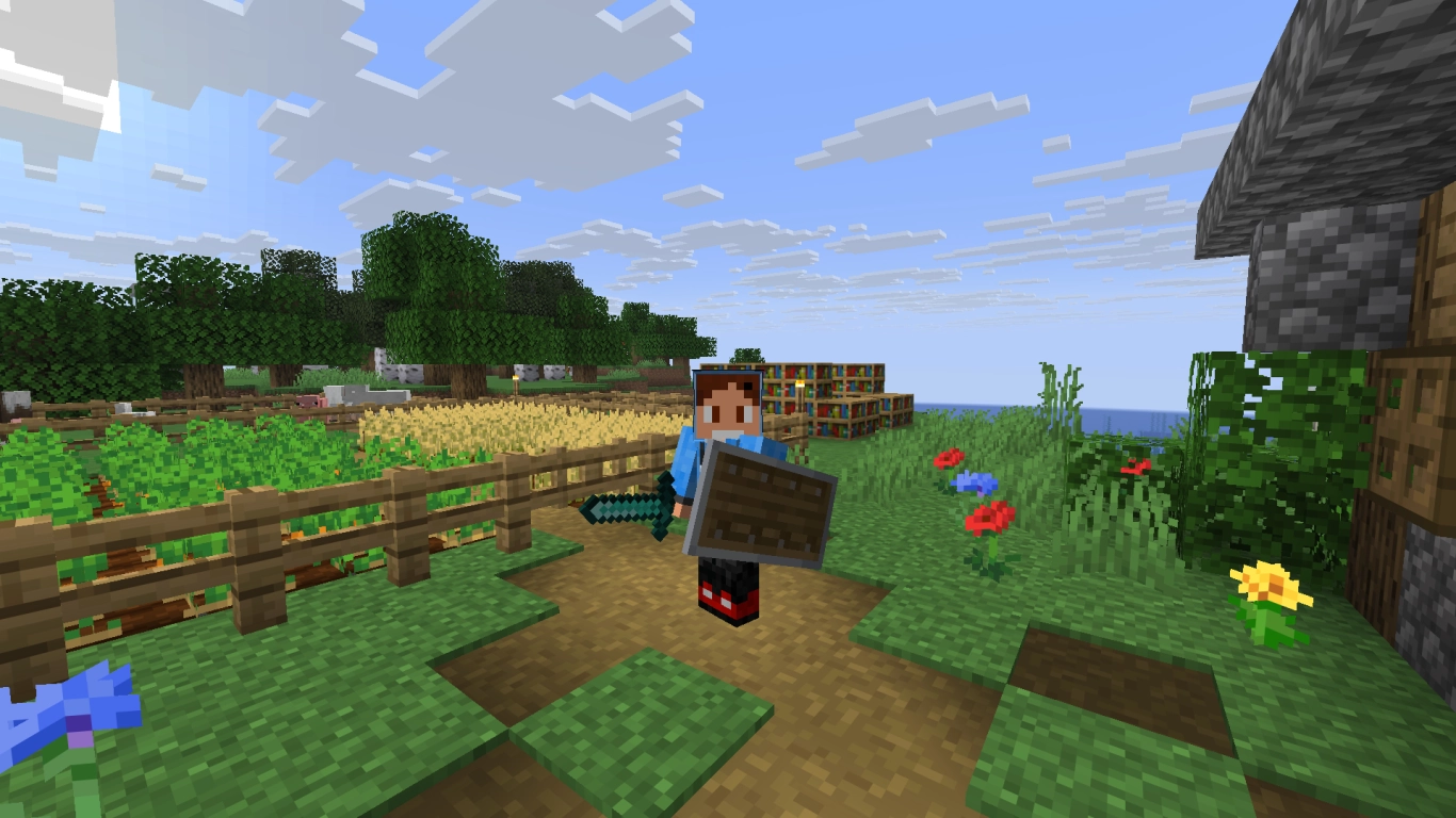 Sword, axe, bow, and shield for defense in Minecraft