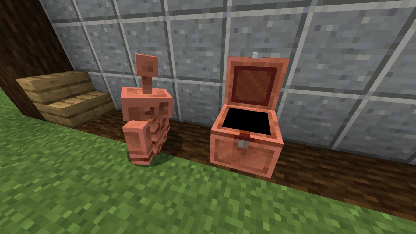 Gólem de cobre en Minecraft 1.21.9 con clasificación automática de objetos mediante cofre de cobre