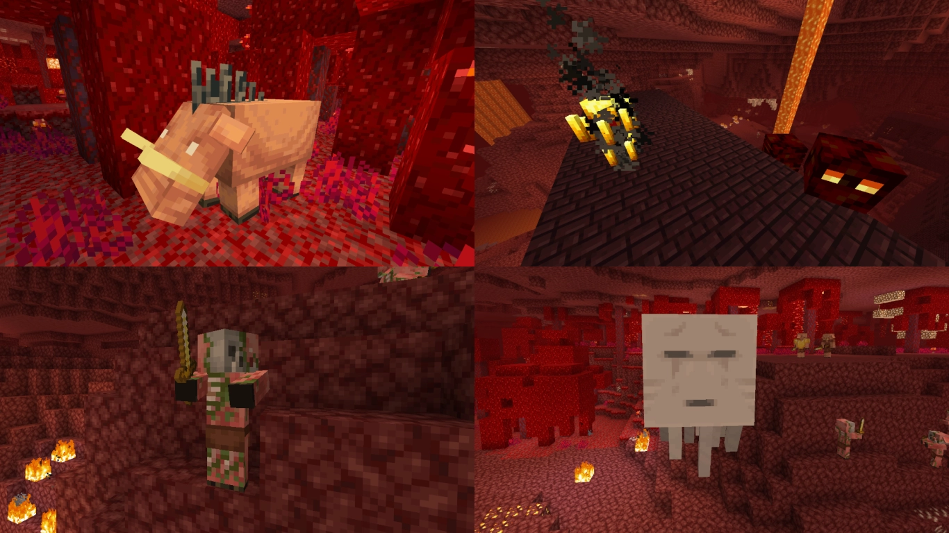 Nether mobs: Piglins, Zombified Piglins, Hoglins, Ghasts, Wither Skeletons, Blazes, Striders, and Magma Cubes in Minecraft