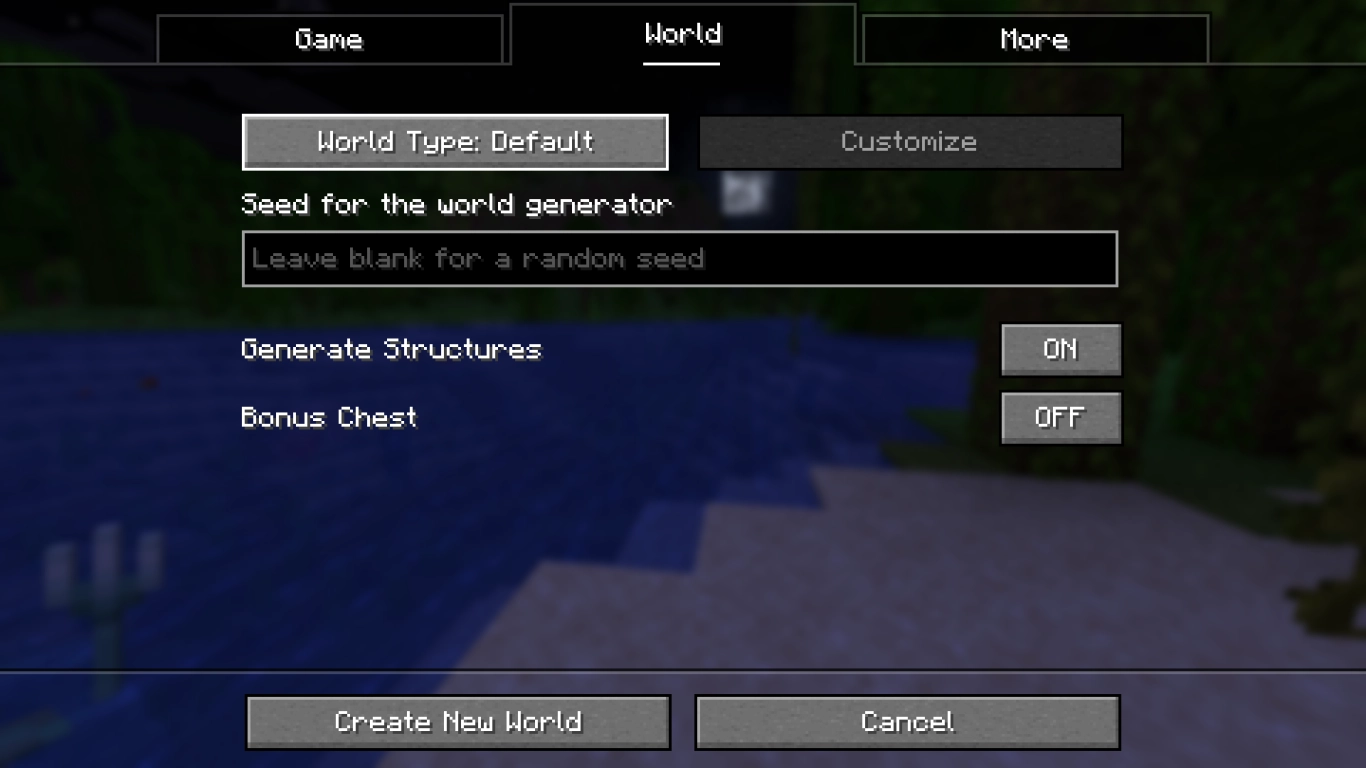 World type, seed, and structures in Minecraft world settings