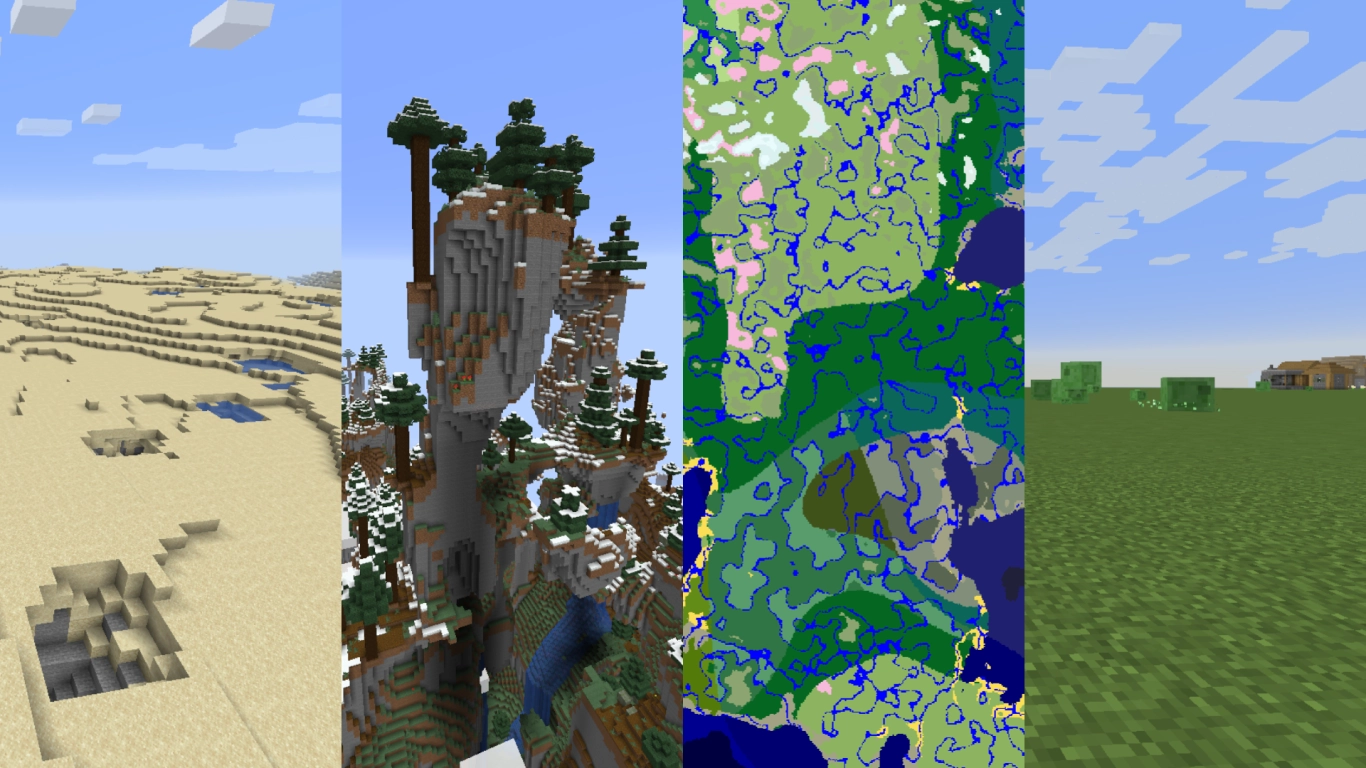 Overview of the Minecraft world types Default, Superflat, Large Biomes, and Amplified