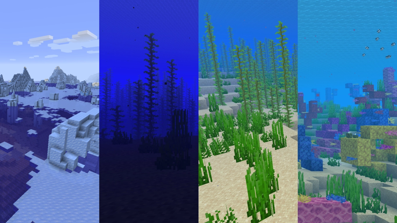 Vista general de los biomas oceánicos de Minecraft con color del agua, temperatura y recursos