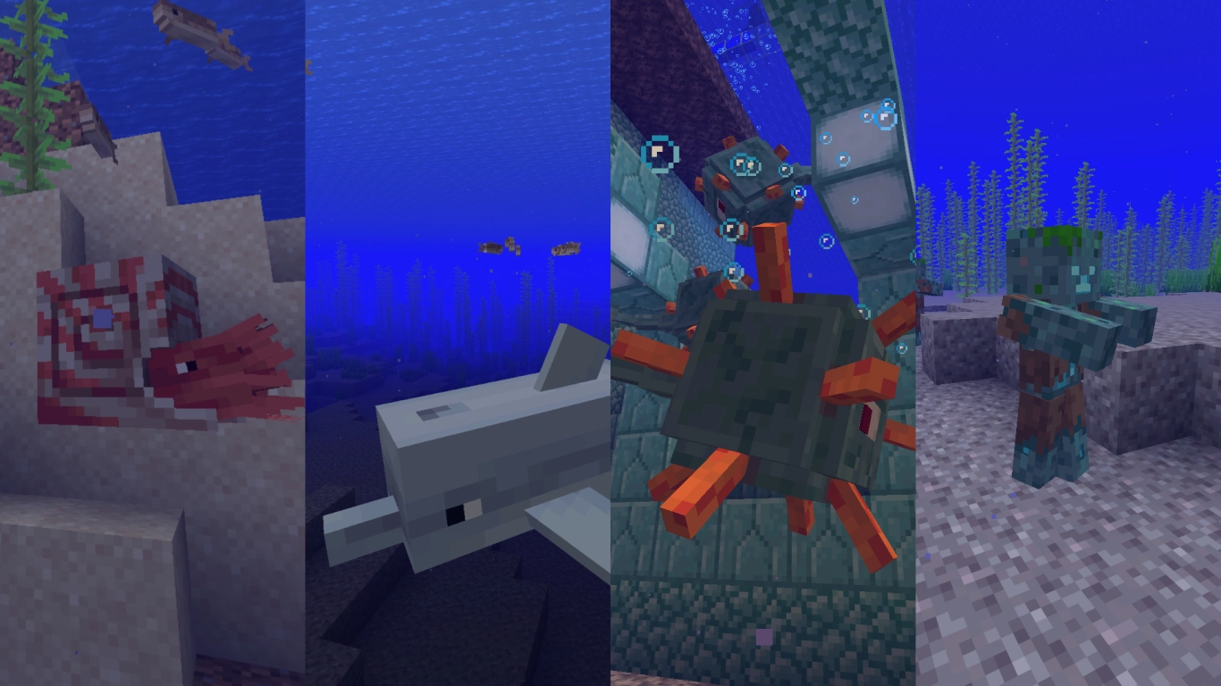 Fauna marina de Minecraft: delfines, peces, nautilus y calamares en el océano