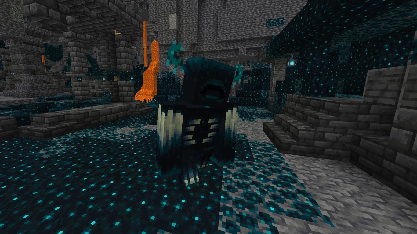 Minecraft Warden in the Deep Dark with a pulsing chest light