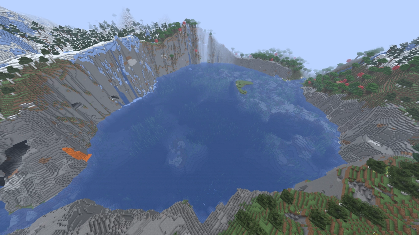 Sheer cliffs, mountain lake, and build ideas – Minecraft seed -4697254411341914762